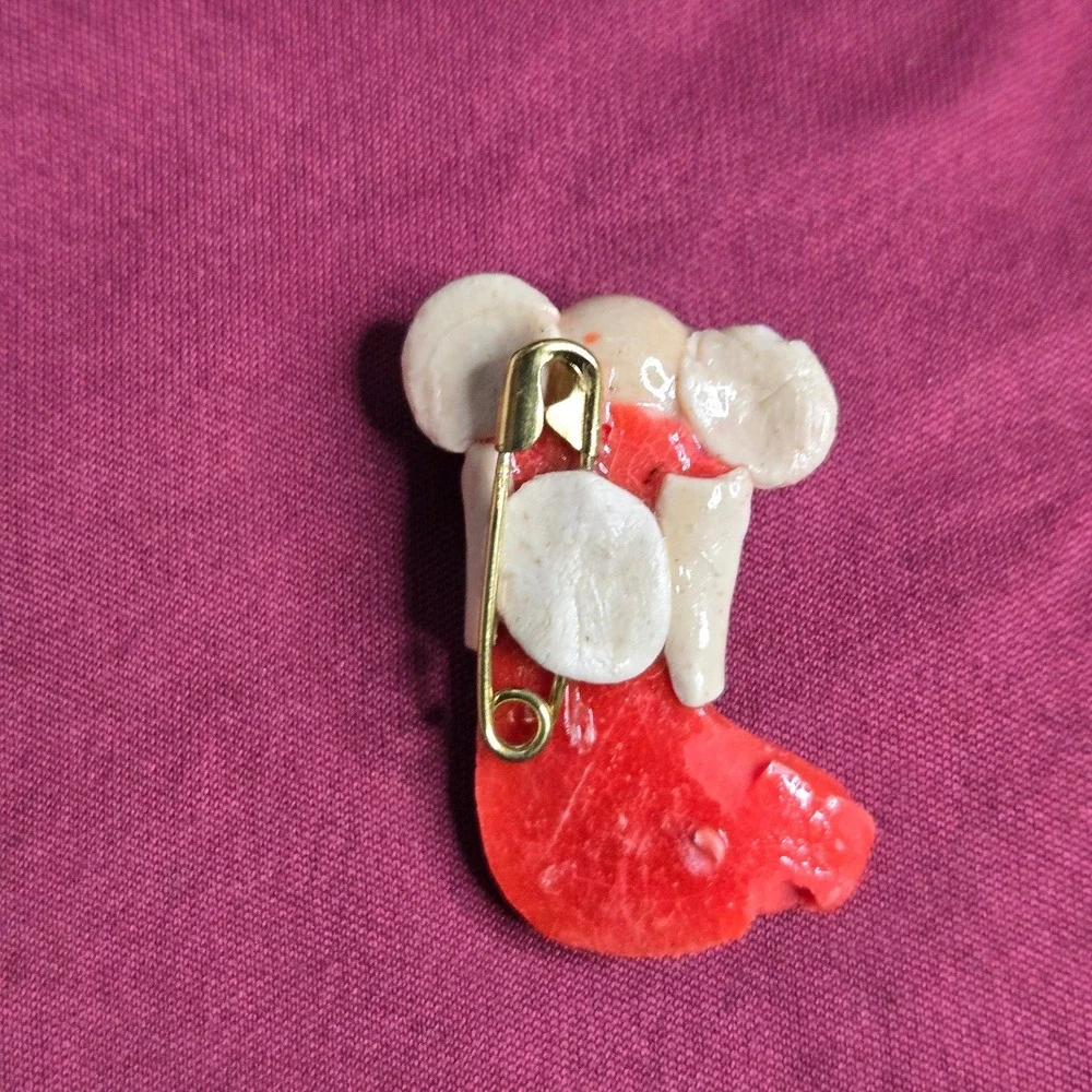 Vintage Christmas Mouse In Stocking Holiday Brooch Pin Handmade Painted Resin